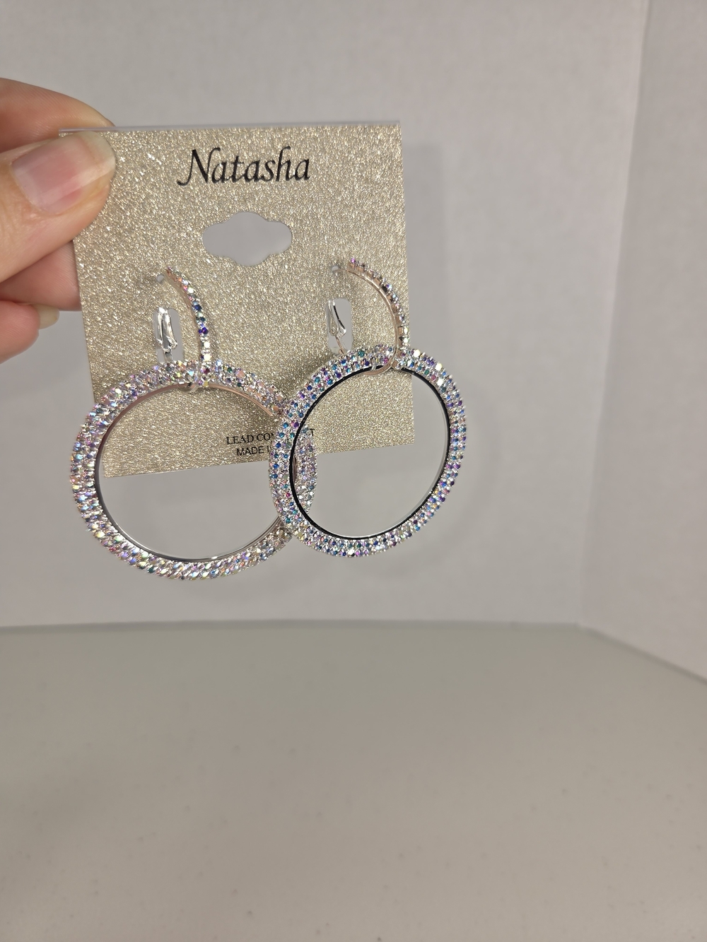 NWT Nordstrom Natashs Silver Iridescent Crystal Hoop Earrings - Picture 5 of 7